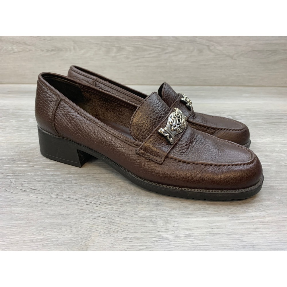 Brighton Women's Brown Pebbled Leather Loafers Silver Filigree Italy 8 N